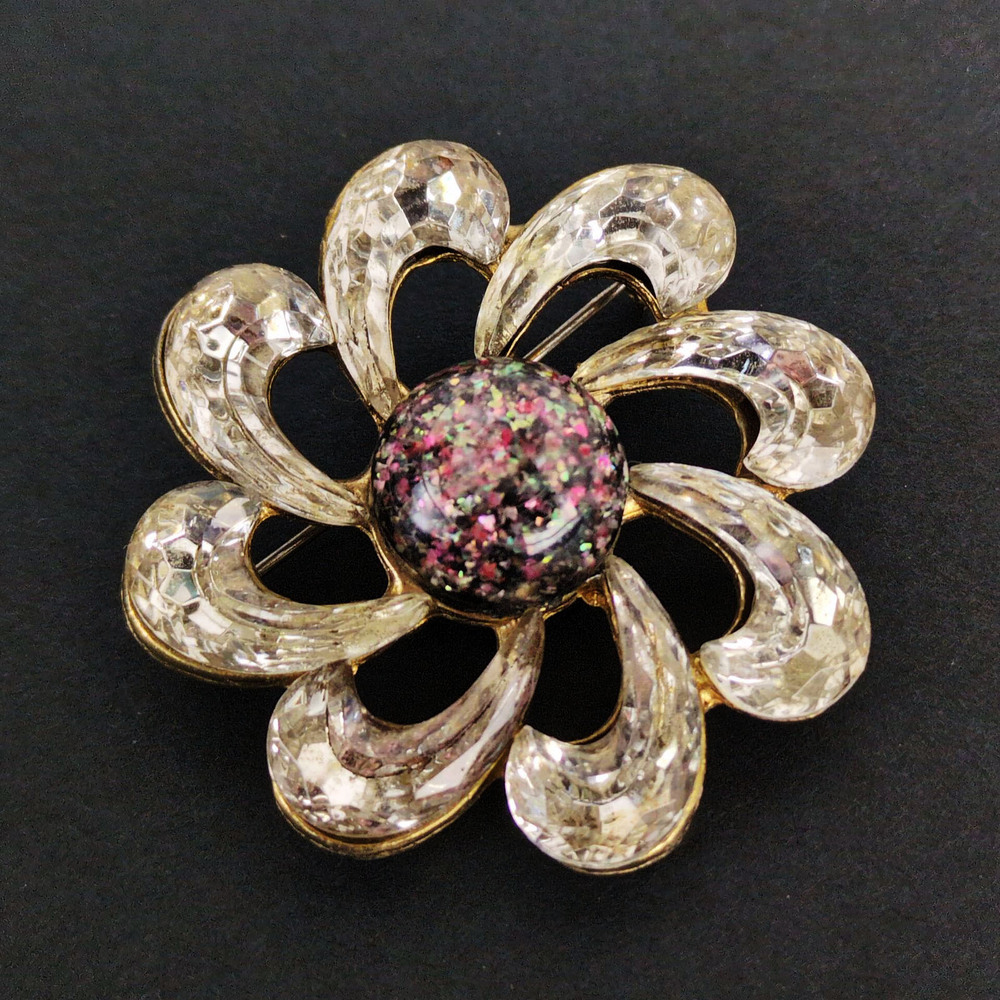 Vintage Rhinestone Swirl Flower Lucite Glitter Center Brooch Pin 1.5" Goldtone